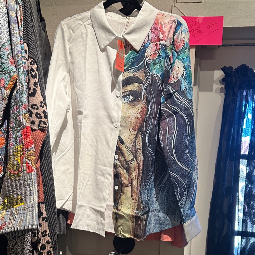 Artistic White and Multicolor Button-Up Shirt